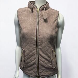 Quilted Vest Taupe Faux Suede Puffer Gold Hardware Ribbed Side Panels Size M